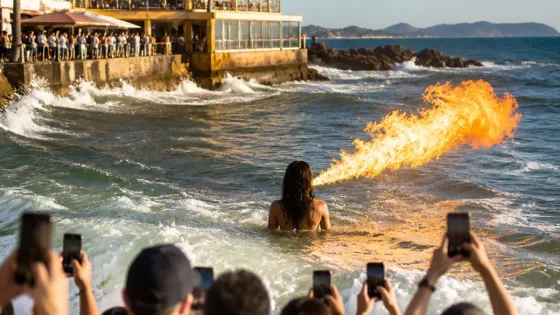 Artista hace show de tragafuegos en el mar frente a Mazatlán; captan video