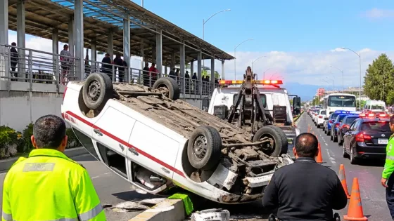 Taxi vuelca sobre Avenida Central en Nezahualcóyotl; conductor presenta golpes leves