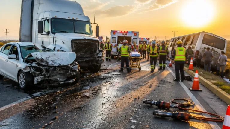 Accidente en carretera Juárez-Apodaca: conductor prensado y al menos 15 heridos