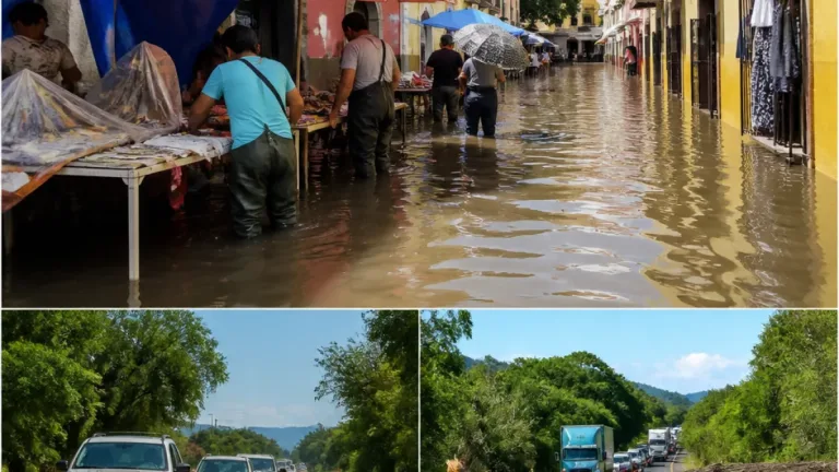 Atlixco: fuertes lluvias provocan inundaciones en el centro y caída de árbol en la carretera