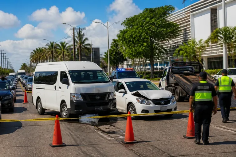 Choque entre combi foránea y auto provoca caos vial en Ciudad del Carmen frente a ADO