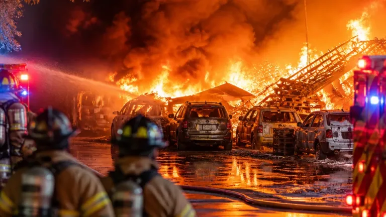 Fuego consume al menos seis vehículos y materiales en taller de Apodaca; cuerpos de emergencia controlan avance