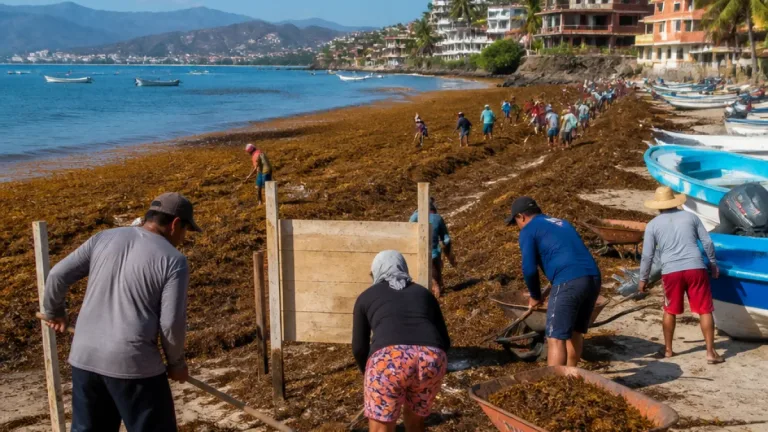 Gran marea de sargazo cubre Guayabitos y afecta acceso y ambiente en la playa