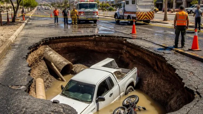 Hermosillo: socavón en Quintero Arce deja camioneta hundida y obligará revisiones en bulevares