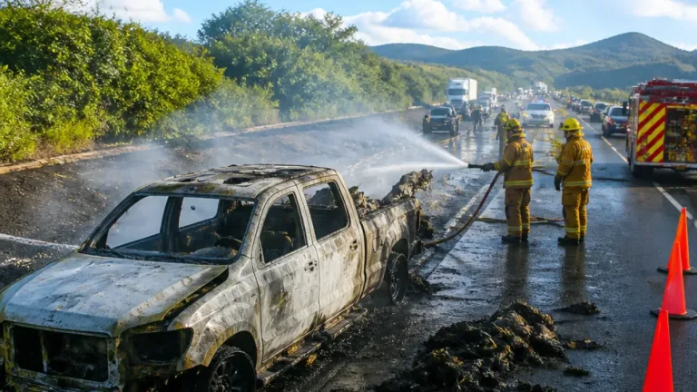 Incendio consumió camioneta en la carretera 200; brigadas de Xalisco atendieron el siniestro