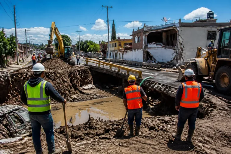 Lluvia torrencial provoca socavón y daños en Papalotla; autoridades realizan limpieza y evaluación