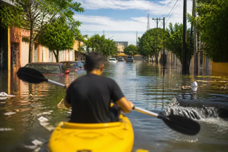 San Andrés Cholula: joven recorre en kayak una calle inundada y evidencia problemas urbanos