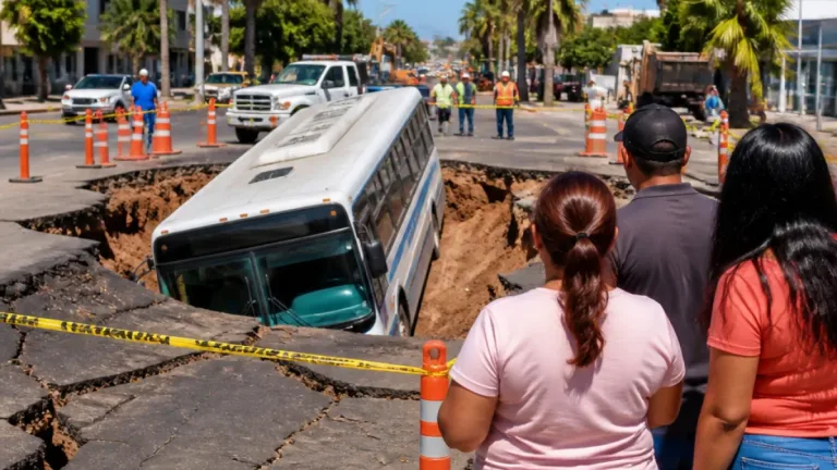 Socavón en Los Mochis deja a camión urbano atrapado; vecinos piden revisión integral