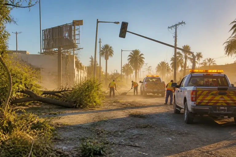 Tormenta de arena y vientos dejan 52 reportes en Hermosillo; daño a árboles y postes